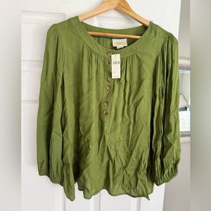 Maeve Olive Green Henley Peasant Blouse